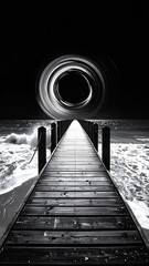 Fototapeta premium Monochrome Wooden Pier Leading to a Swirling Black Hole in the Sky