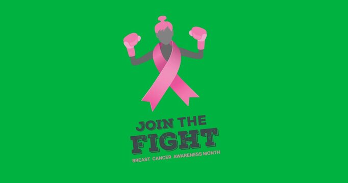 Join the fight text banner with pink ribbon over female boxer icon against black background