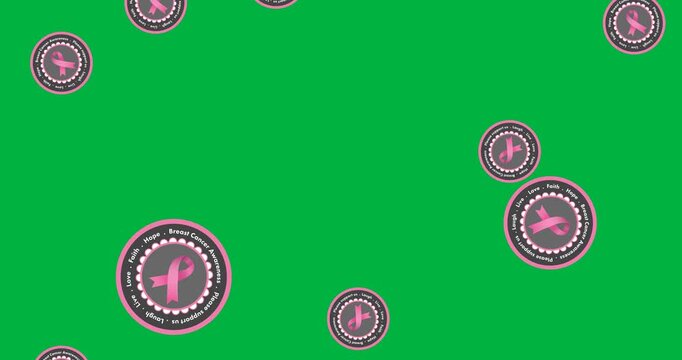 Multiple breast cancer awareness text banner with pink ribbon icons falling against black background