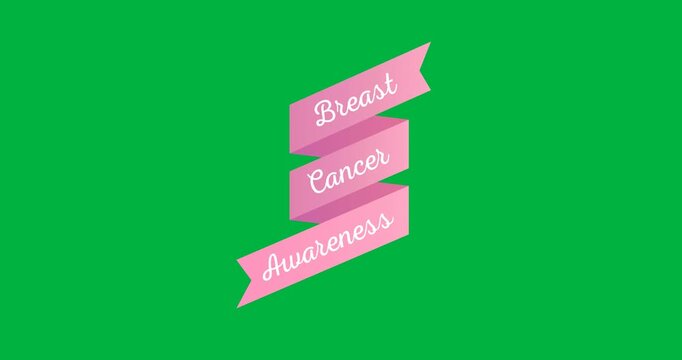Digital animation of breast cancer awareness text over pink ribbon against black background