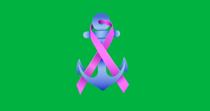 Digital animation of pink ribbon over anchor icon against black background