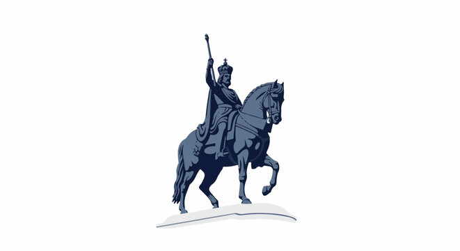 Equestrian statue of a king in a cape and crown, holding a scepter