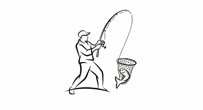 Fisherman reeling in a fish caught in a net