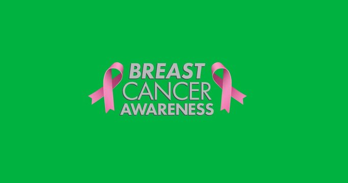 Digital animation of breast cancer awareness text with pink ribbon icon against black background
