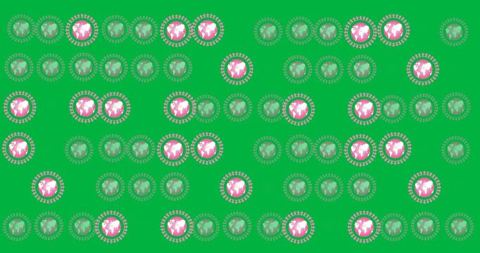 Digital animation of people icons around multiple pink globe icons against black background