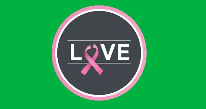 Digital animation of love text with pink ribbon icon over round banner against black background