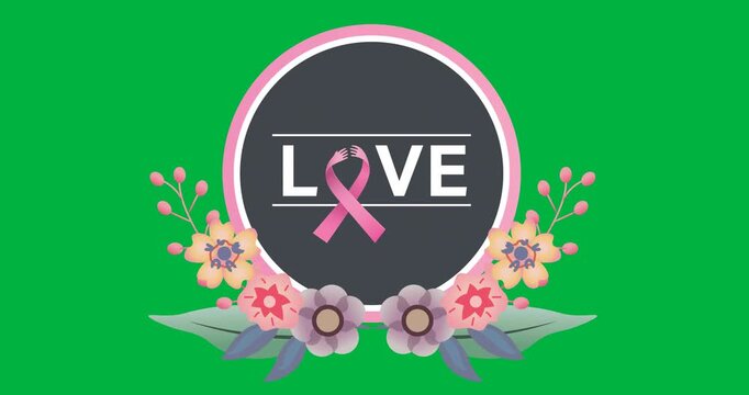 Digital animation of love text on round banner and floral designs against black background