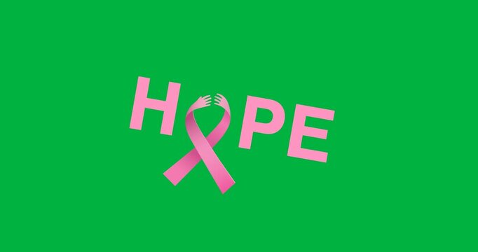 Digital animation of hope text with pink ribbon icon against black background