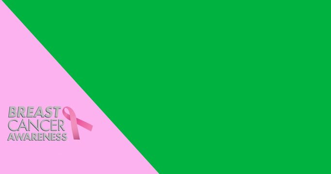Breast cancer awareness text with pink ribbon icon over pink banner against black background