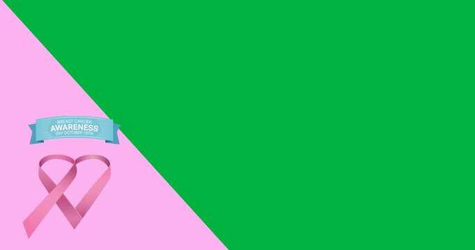 Breast cancer awareness text with pink ribbon heart icon over pink banner against black background