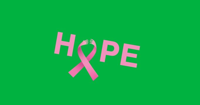 Digital animation of hope text with pink ribbon icon against black background