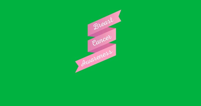 Digital animation of breast cancer awareness text over pink ribbon against black background