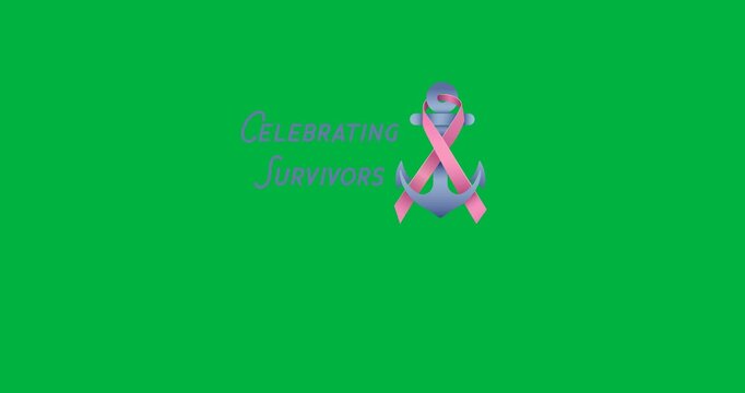 Celebrating survivors text with pink ribbon over blue anchor icon against black background