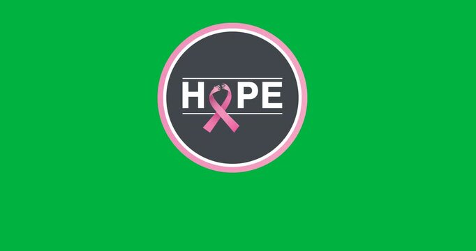 Digital animation of hope text with pink ribbon icon over round banner against black background