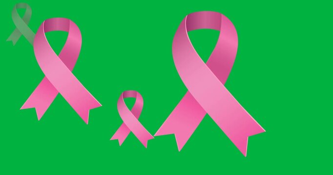 Digital animation of multiple pink ribbon icons against black background