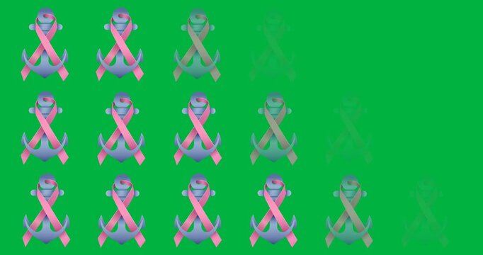 Digital animation of multiple pink ribbon over purple anchor icons against black background
