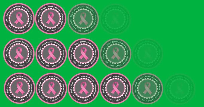 Multiple breast cancer awareness text on round banners against black background