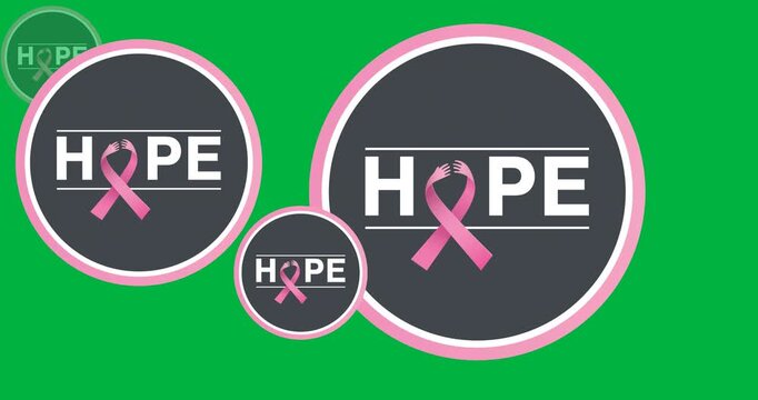 Multiple hope text with pink ribbon icons on round banners against black background