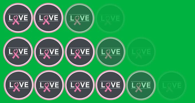 Multiple love text with pink ribbon icons on round banners against black background