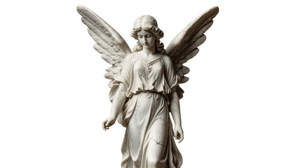 Elegant marble angel statue with flowing drapery, isolated on transparent background