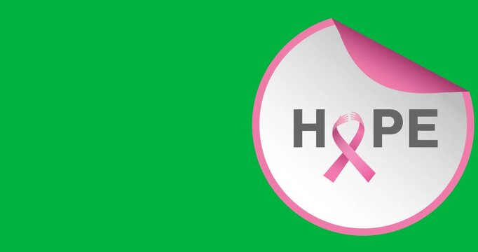 Digital animation of hope text with pink ribbon icon over round banner against black background