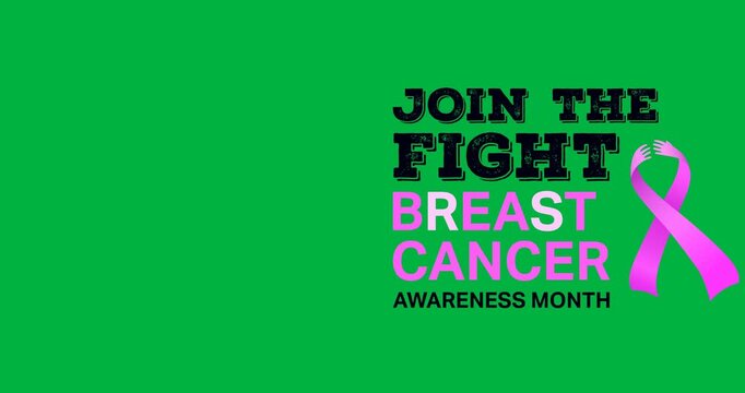 Digital animation of breast cancer text with purple ribbon icon against black background