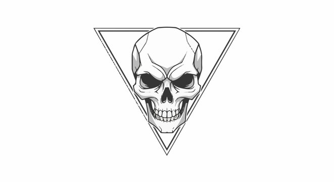 Grayscale skull with sharp teeth and empty eye sockets inside a triangle