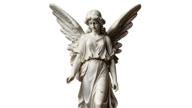 Elegant marble angel statue with flowing drapery, isolated on transparent background
