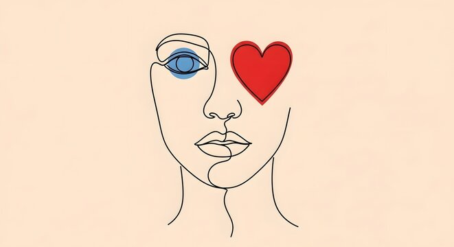 Abstract female portrait with heart and blue eye. Love and emotional health concept. Minimalist line art face with symbolic red heart and geometric eye shape