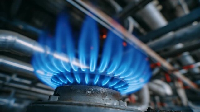 Detailed industrial macro shot of a gas burner flame pattern glowing bright blue against dark metal surfaces, heavy-duty pipes feeding fuel into the combustion chamber, compact hea