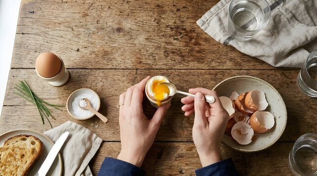 Top view of person eating soft boiled egg with spoon on rustic wooden table, healthy breakfast with toast and fresh herbs.