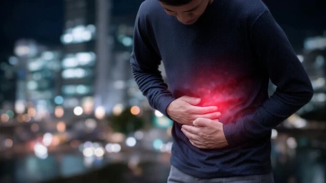 Detailed medical visualization concept showing a man standing while clutching his abdomen, bright red glowing effect highlighting the stomach area as a sign of acute digestive dist