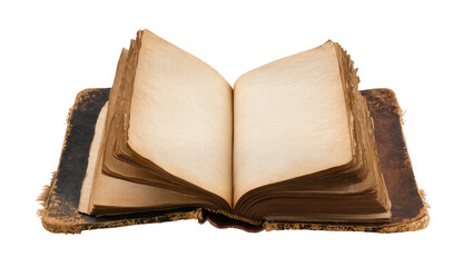 Antique open book with aged yellowed pages and worn leather cover, isolated on transparent background