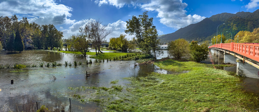 Flooding at Te Aroha, New Zealand, panoramic view. Flooded fields by Waihou River after Cyclone Vaianu, April 2026. Matamata-Piako District, Waikato region. Low-lying area prone to floods.