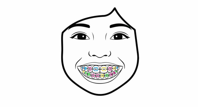 Stylized face with bright, colorful braces on teeth