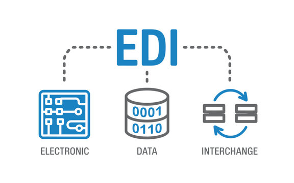 Electronic data interchange illustration with icons representing technology and information