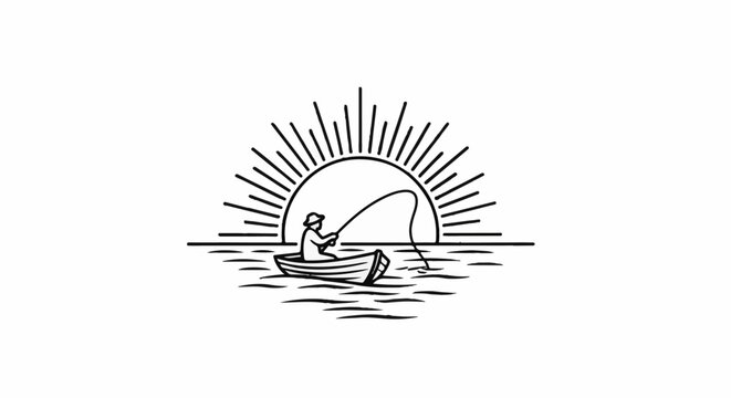 Solitary angler in a small boat casts a line under a radiating sun at dawn