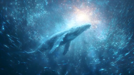 Fototapeta premium underwater scene with a giant whale swimming toward a bright celestial light. Vast blue ocean background with glowing aquatic particles. Majestic wildlife art, the serenity of the deep sea.