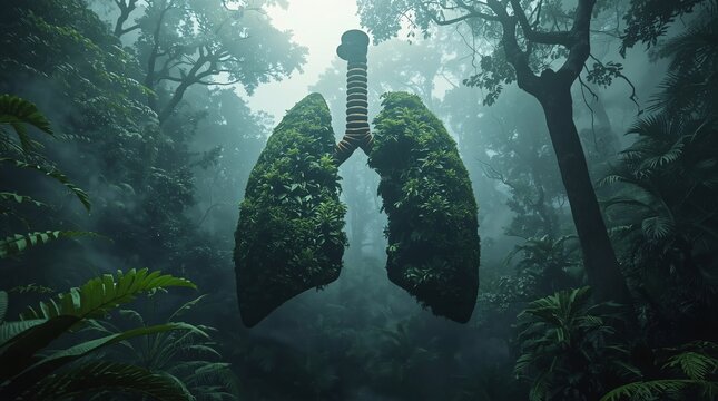 human lungs formed from dense green foliage, suspended in a misty forest. Perfect for Earth Day campaigns
