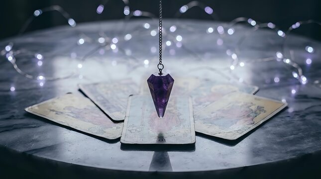 Mystical purple crystal pendulum suspended over tarot cards with glowing fairy lights creating magical atmosphere for divination and spiritual guidance sessions.
