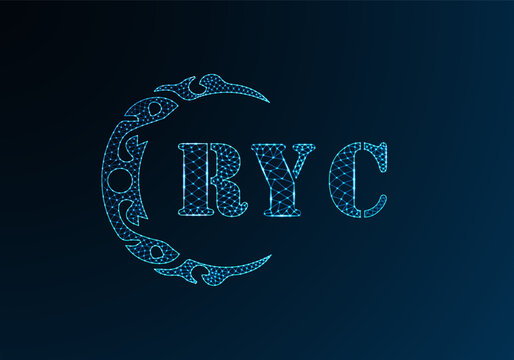 Low poly letter logo RYC design. RYC letter logo low poly vector design on blue color gradient background. RYC logo low poly design