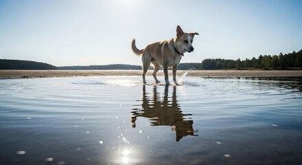 Naklejka premium Dog Splashing Playfully in Calm Water Under Bright Sunlight