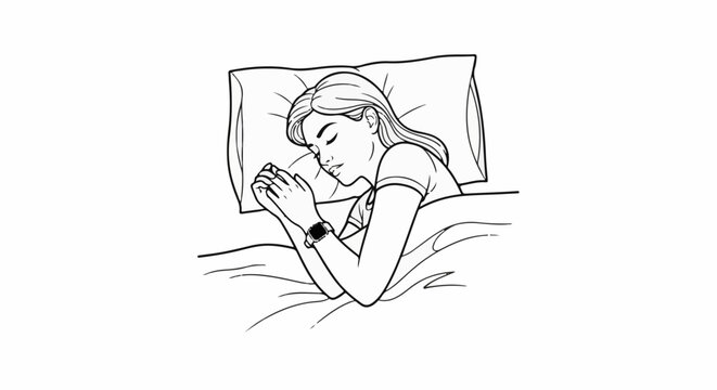 Woman sleeping peacefully in bed with hands clasped and wearing a watch