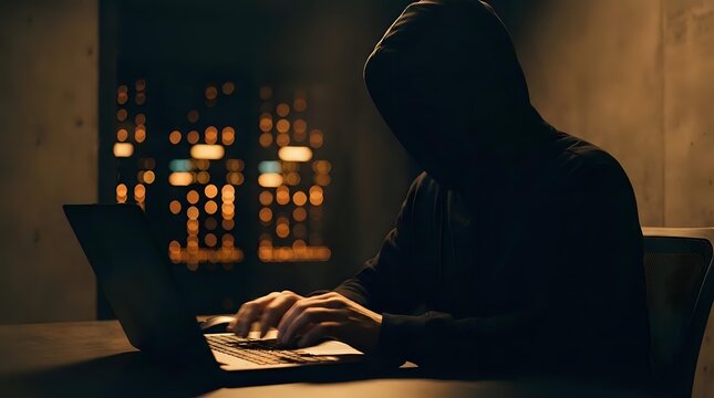 Anonymous hooded figure typing on laptop computer in dark room with city lights background for cybersecurity and hacking concepts.