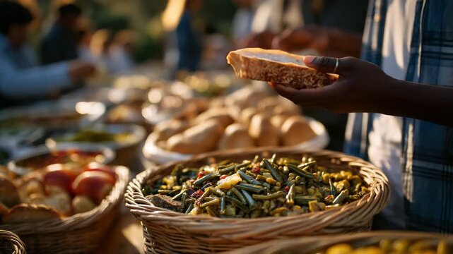 Diverse group of neighbors setting up a community pantry table outdoors, carefully organizing donated food items including canned vegetables, bread and fruit baskets, soft sunlight