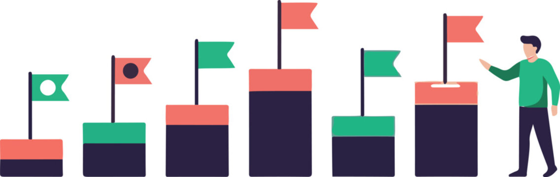 Professional man pointing at rising bar charts with milestone flags representing successful business growth and development in a modern office