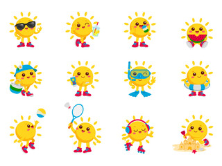 Fototapeta premium Cute sun character summer activities set, funny cartoon mascot with drinks, sports, beach vacation and healthy lifestyle, flat vector illustration collection