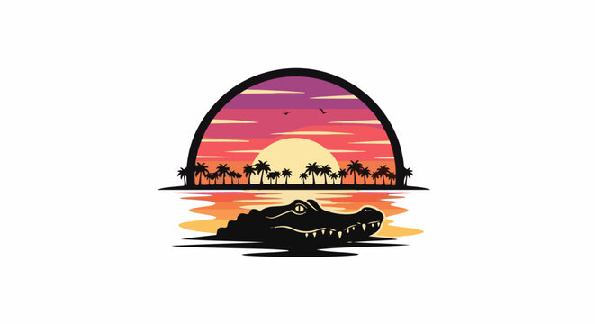 Sunset over tropical waters with alligator in silhouette
