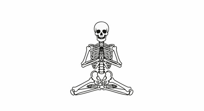 A black and white illustration of a skeleton in a meditative pose
