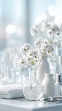 Medical nursing tools and white flowers with dew in bright space. Soft morning light creates cinematic glow on steel. White fabric background with negative space. Commercial photo for nursing.
